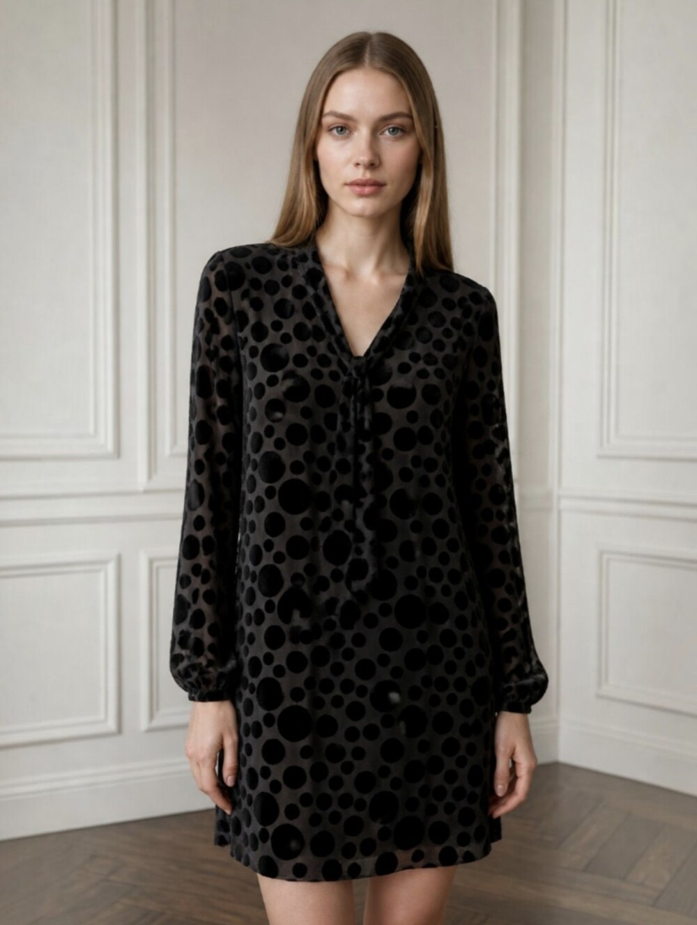 Sail to Sable Burnout Velvet Mini Dress Bow Neckline Velvet Polka Dot Shift